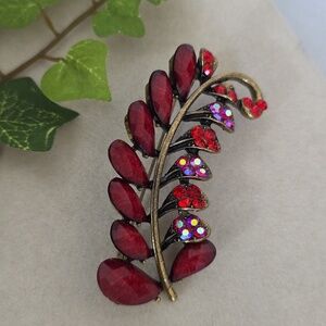 Vintage Antique Gold Red Fern Branch Brooch Pin